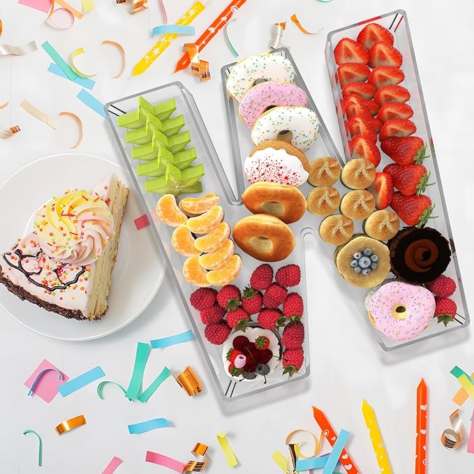 11" Acrylic Letter Charcuterie Box, Reusable Fillable Alphabet Number Shaped Form Tray for Birthday Anniversaries, Party Decorative Serving Plates Display Candy Cake (W)