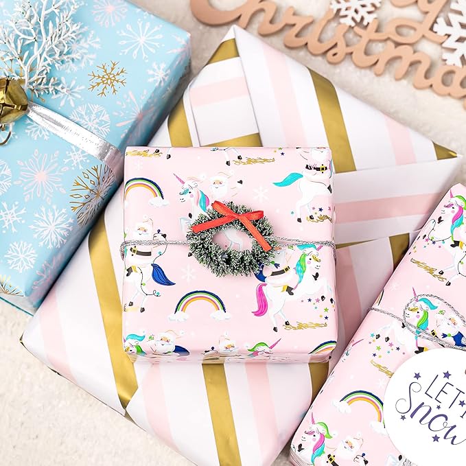 MAYPLUSS Pink Christmas Wrapping Paper Roll - Mini Roll - 17in X 120in Per roll - 3 Different Pink & Blue Design,Foil Strip/Snowflakes/Unicorn,for Xmas,New Year,Girl Christmas Gift Wrap (42.5sq.ft)