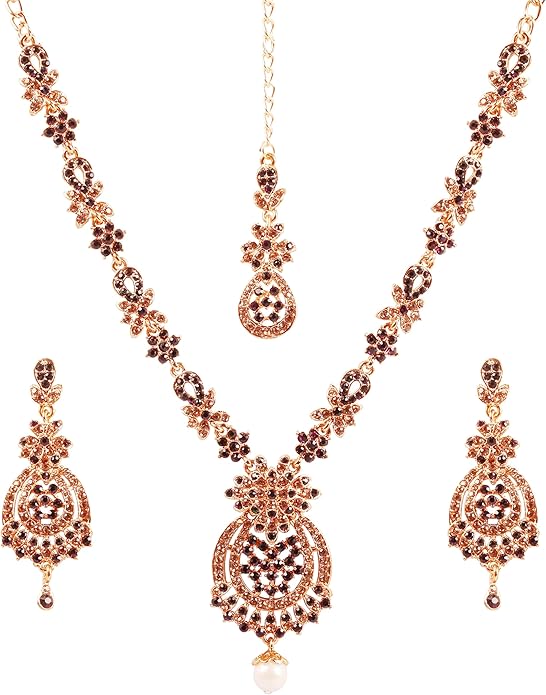 Touchstone Indian jewelry sets for women maang tikka wedding guest gold necklace bollywood jewellery set pageant elegant prom bride accessories western crystal chunky rhinestone necklaces