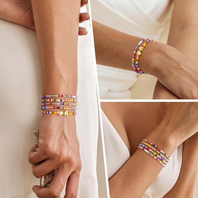 M MOOHAM Valentines Gifts for Kids - 5PCS Colorful Beaded Initial Bracelets for Girls Women Cute Stretch Heart Letter Bracelet Initial Stackable Bracelet Birthday Gift Jewelry for Kids Teen Girl