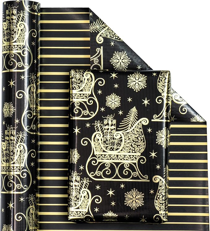 WRAPAHOLIC Reversible Black and Gold Christmas Wrapping Paper - Mini Roll - 17 Inch x 33 Feet - Black Gold Sleigh and Stripe Wrapping Paper with Metallic Foil Shine for Christmas, Holiday, Party
