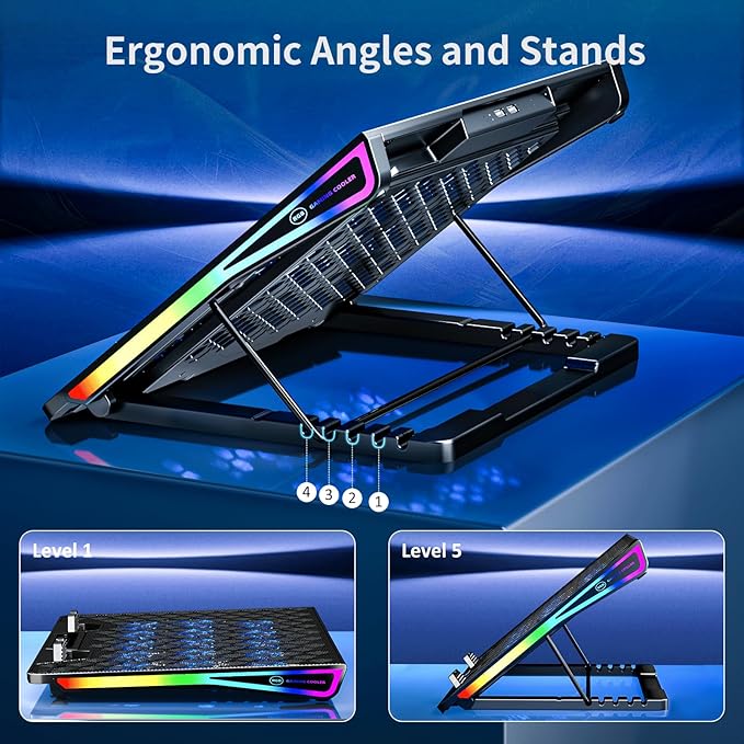 AICHESON Gaming Laptop Cooling Pad with 15 Cooler Fans, RGB Ultimate Computer Stand Base with Silent Fans for 15-18 Inch Laptops, Blue LED Lights