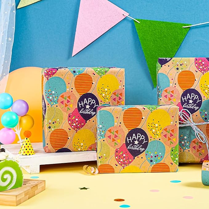 WRAPAHOLIC Kraft Birthday Wrapping Paper Roll - Mini Roll - 17 Inch x 33 Feet - Colorful Balloon with Confetti Design for Girls Boys Kids, Baby Shower, Party