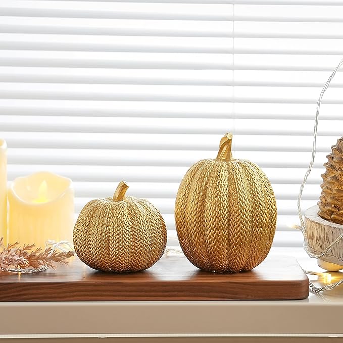 Pumpkin Fall Decor Indoor - Gold Pumpkin for Decorating, 2Pcs Resin Pumpkins Decor with Woven Effect, Thanksgiving Table Centerpiece, Fireplace, Autumn Harvest Party Decorations