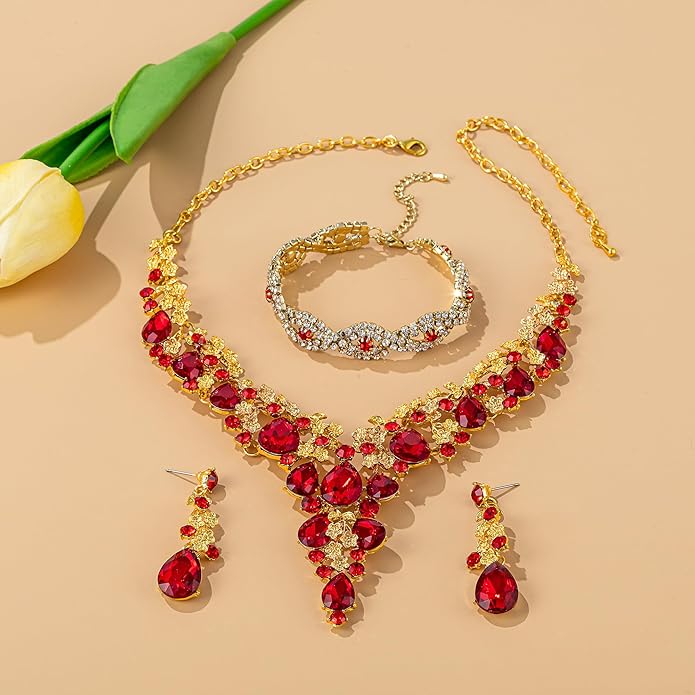 Wedding Bridal Bridesmaid Austrian Crystal Rhinestone Jewelry Sets Statement Choker Necklace Earrings Bracelets Sets for Wedding Party Prom