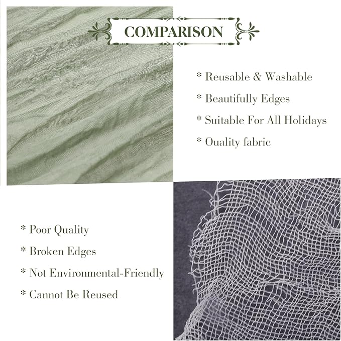 Le courant 10Ft Cheesecloth Table Runner, Rustic Boho Gauze Cheese Cloth Runner Table Runner for Weddings Bridal Baby Shower Birthday Holiday Parties Home Decor, Sage Green