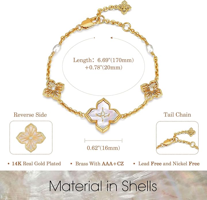 FETERO Gold Bracelets for Women Trendy, Dainty 14K Gold Plated Charm Clover Bracelet 2 Sided Lucky Pendant Cute Pearl Beaded Bracelets Link Chain Waterproof Womens Jewelry Gifts