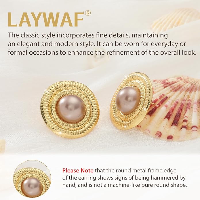 Faux Pearl Gold Plated Stud Earrings for Women, Hypoallergenic Stainless Steel Ear Pin, Available in a Variety of Pearl Colors