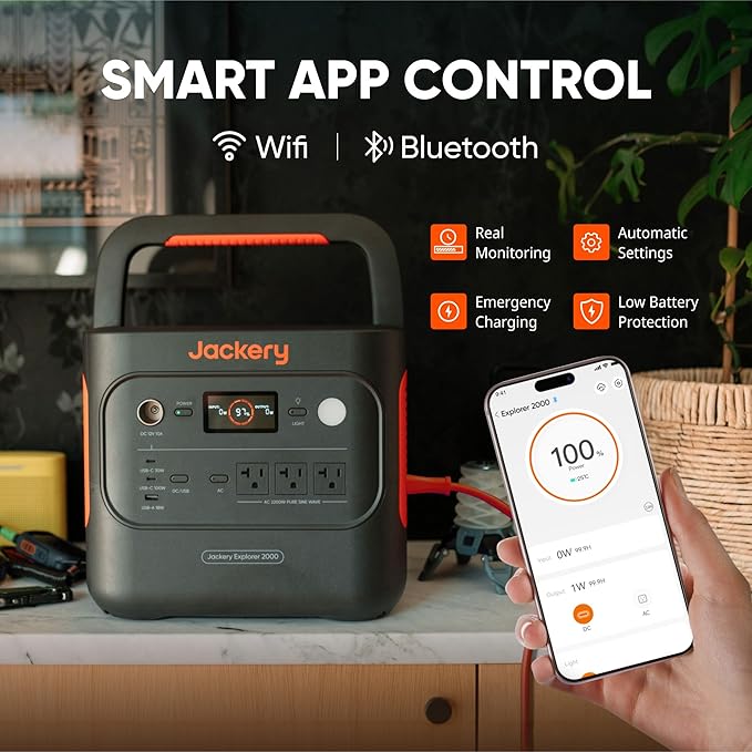 Jackery Explorer 2000 v2 Portable Power Station with 2x200W Solar Panels and AC Charging Cable, 2040Wh LFP Home Backup Battery, 2200W AC Output, Solar Generator for Power Outages, Emergencies, Camping