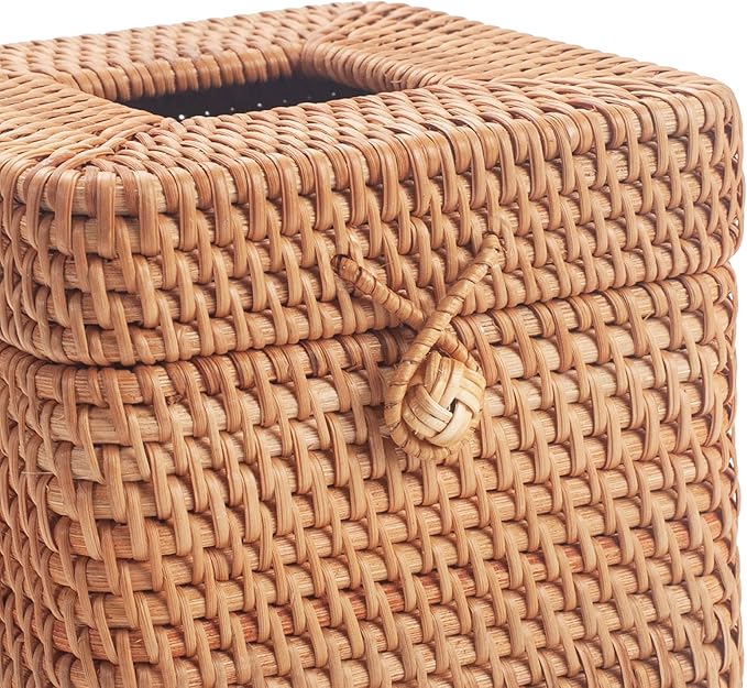 Rattan Tissue Box Cover Natural Woven Facial Napkin Holder Square with Lid 5.7 x 5.7 x 5.5 Inch (Natural)