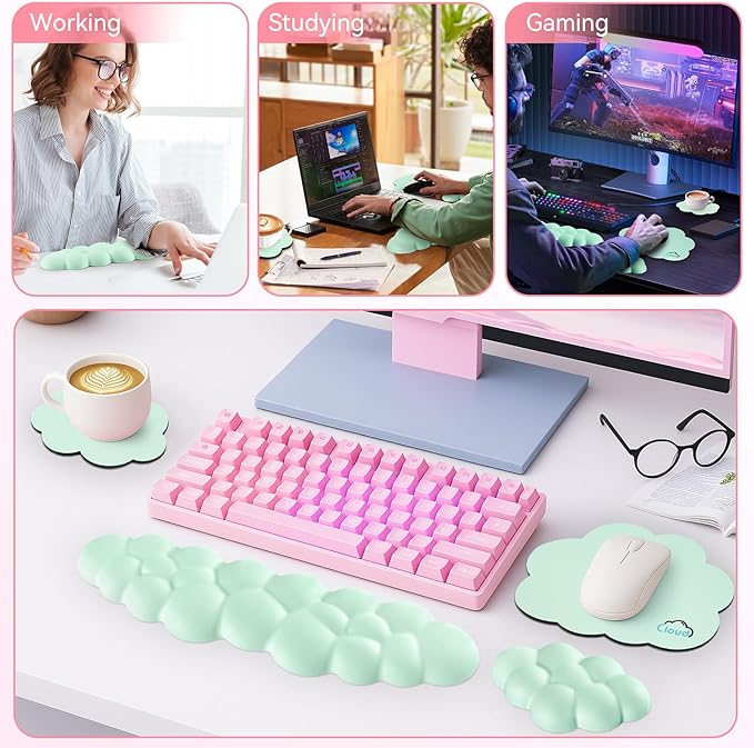 Cloud Wrist Rest for Computer Keyboard, 4-in-1 Memory Foam Leather Cloud Keyboard Wrist Rest and Mouse Pad Set with Ergonomic Support for Arm and Palm Cushion, Gaming/Work Setup, Light Green