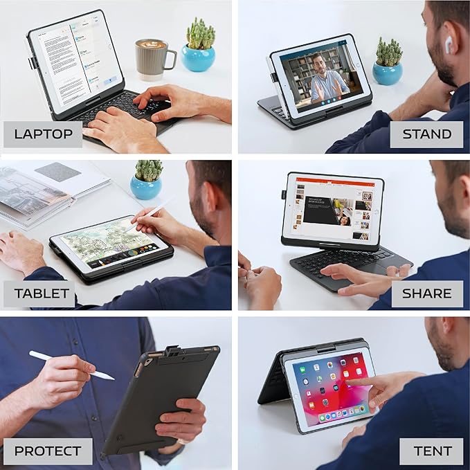 QUARK Keyboard Case for iPad Pro 9.7 inch 6th Gen / 5th Gen, 360° Rotatable Wireless Keyboard Case for iPad Air 2 & Air 1 with Multi-Touch Trackpad, Thin & Light, 7 Color Backlit (Black)