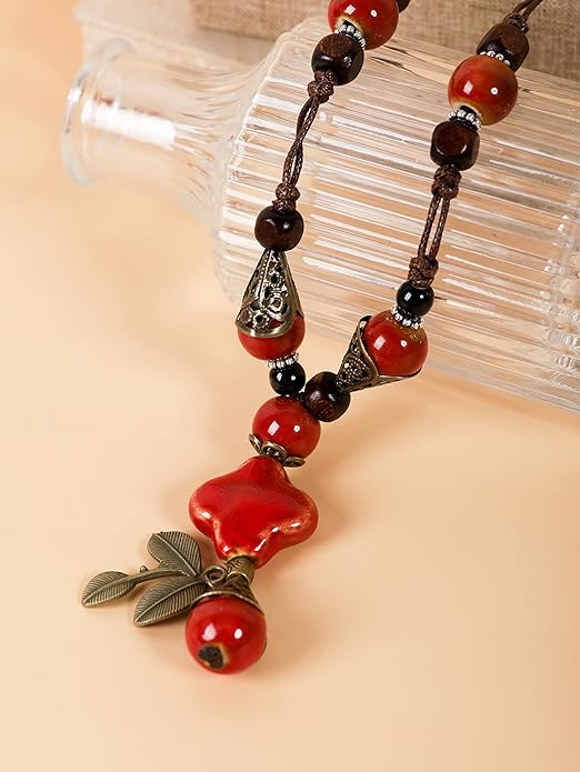 MINACHI Vintage Bohemian Ethnic Colorful Ceramic Bead Long Y Necklace, Hippie Boho Summer Fashion Jewelry Gift for Women