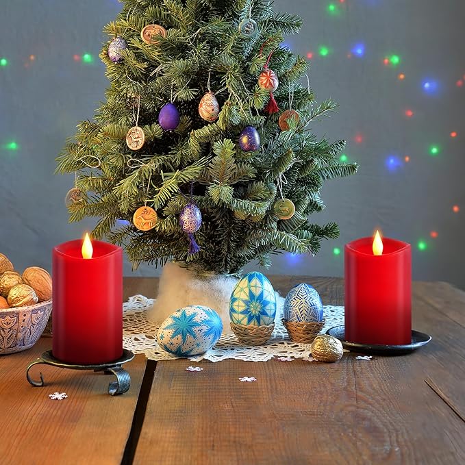 2PCS, 3 x 5 inches Flameless Candle with Remote Control, 3D Flickering Wick, Real Wax Pillar LED Candles, Battery Operated Candles,with Timer,for Holiday Home Decor, Red
