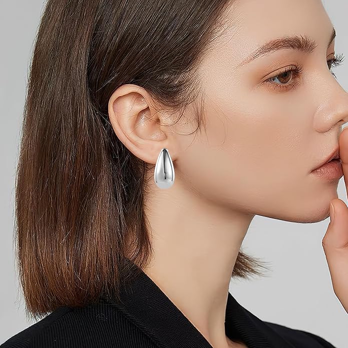 Teardrop Clip On Earrings Dupes Earring for Women Chunky Hoop Earrings Hypoallergenic Lightweight Dangle Water Drop Earring Set for Women