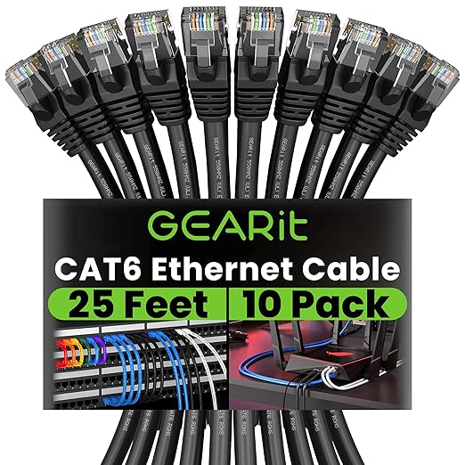 GEARit Cat 6 Ethernet Cable Pack - 10-Pack 25 ft Cat6 Ethernet Patch Cables | RJ45 Network Patch Cable, 10 Gbps Snagless Gold-Plated Connectors - Ethernet Cable Cat 6 for PC, TV, Router - Black