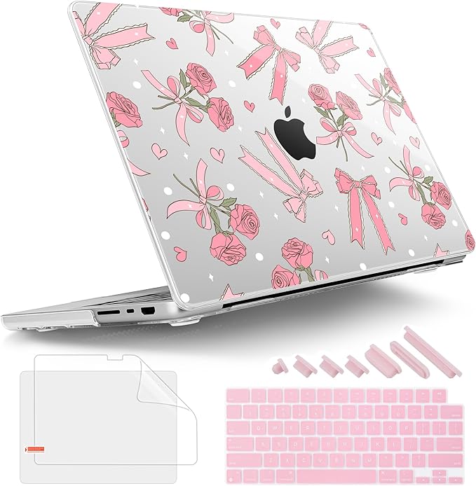 Tuiklol for MacBook Pro 14 Inch Case 2024-2021 Release M4 A3112 A3401 A3185/M3 A2918 A2992/M2 A2779/M1 A2442 Pro/Max,Hard Shell Case with Screen Protector for Touch ID,Bow & Rose-White