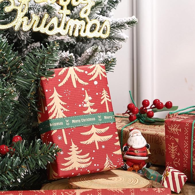 RUSPEPA Christmas Kraft Wrapping Paper Roll - Red Reindeer, Snowflake, Christmas Tree and Text Design - 17 inches x 10 feet per Roll, Total of 4 Rolls