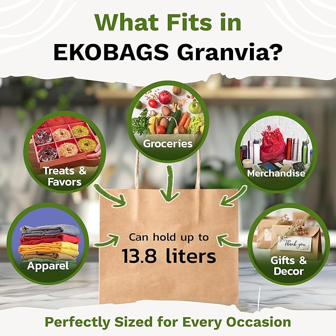 10.000 PACK | EKOBAGS | Granvia 10x7x12 inches, Kraft Paper Gift Bags with Handles | 115 GSM Brown Paper Bags for Small Business, Shopping & Party Favors | Recyclable | Holds up to 13.8L/8 lbs.