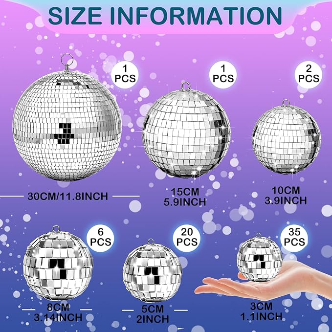 65 Pcs Disco Balls Decorations Assorted Size Disco Ball Ornament Reflective Hanging Mirror Ball Mini Large Silver Balls for Christmas Party Wedding Dance Ballroom Stage(12/6/ 4/3.2/2/ 1.2 in)