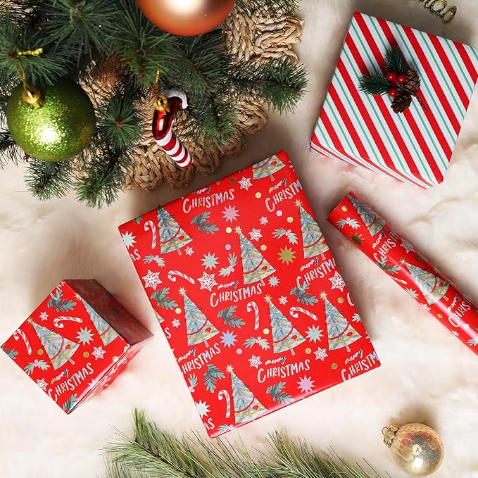 LaRibbons Reversible Christmas Wrapping Paper Roll, Classic Christmas Tree Design with Candy Canes & Snowflakes, Red Holiday Gift Wrap Paper for Xmas, Season Party Celebration, 17 Inch X 33 Feet