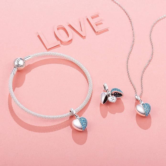 NINGAN “I Love You” Dangle Charm Love Heart Pendant Bead for Women Wife Girlfriend with 5A Cubic Zirconia for Charm Bracelets 925 Sterling Silver