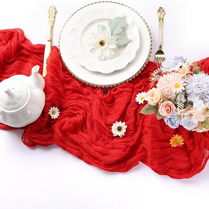 12 Pack Christmas Table Runner Red Cheesecloth Table Runner 10FT Boho Cheese Cloths Gauze Fabric 120 Inch Rustic Sheer for Wedding Birthday Party Baby Shower Centerpiece Home Decorations