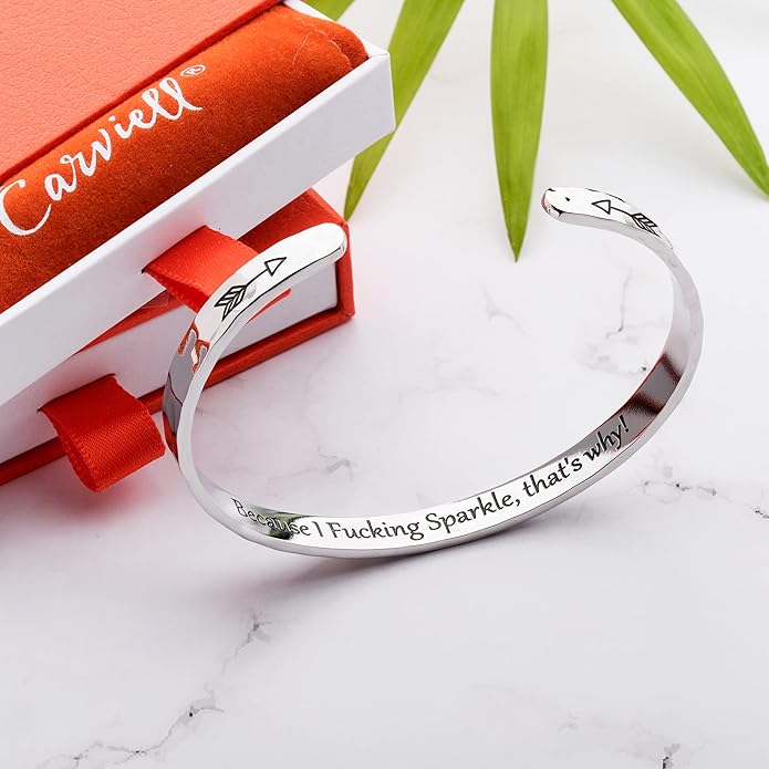 Carviell Engraved Cuff Bracelets for Women – Inspirational, Friendship, Love, Mom, Daughter, Sister, Christian, Graduation, Memorial & Wedding Gifts – 80+ Phrases – Stainless Steel, Gift-Ready
