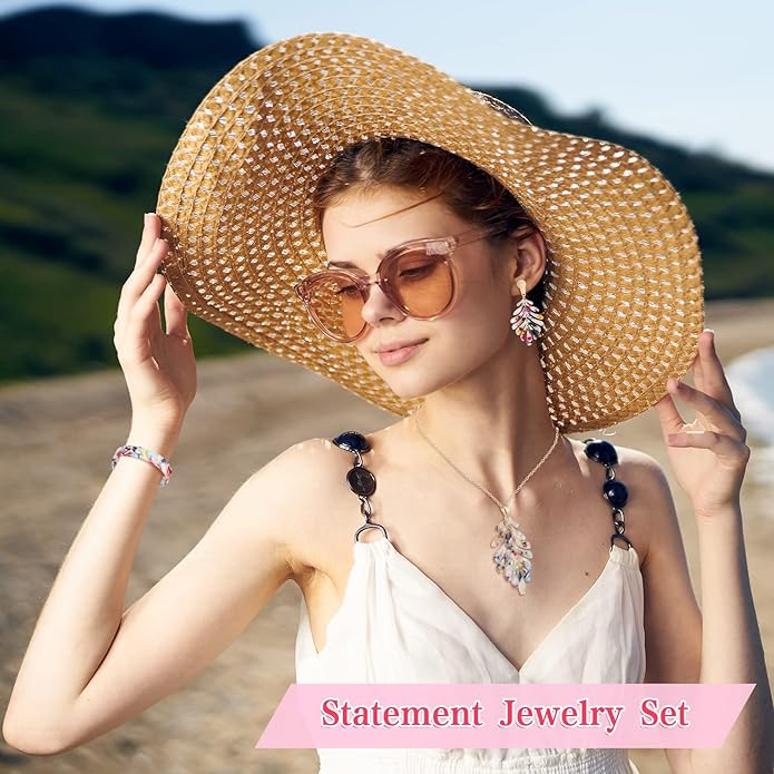 Highergo 8 Pcs Acrylic Jewelry Set Women Statement Earrings Necklace Bracelet Marble Texture Floral Necklace Set for Women