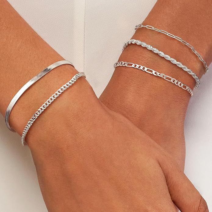 Krfy 5/6Pcs Gold Plated Bracelets for Women Trendy, S925 Plated Silver Bracelet Stack, Non Tarnish Waterproof Bracelets for Women, Paperclip Herringbone Figaro Cuban Twist Chains, Size 6.5''+2''