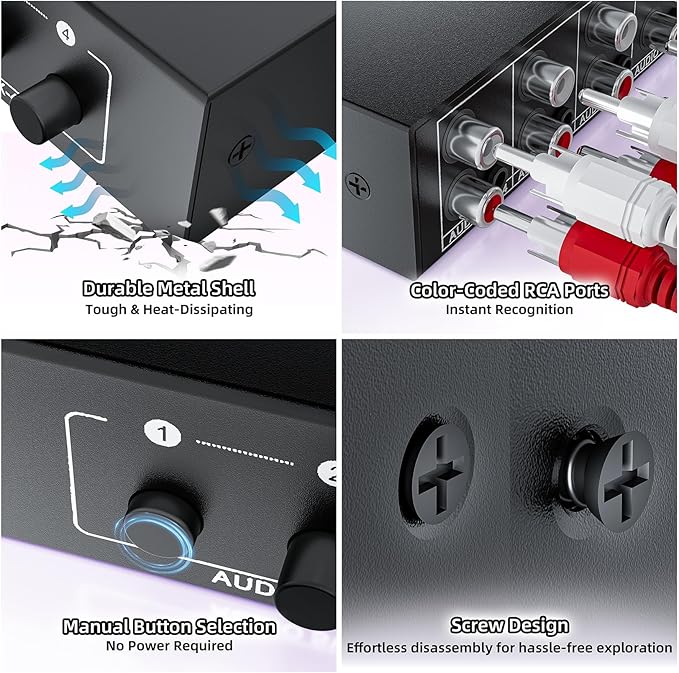 3.5mm Aux + RCA L/R Audio Switch Box 4 in 1 Out Bidirectional, BolAAzuL Stereo Audio Switcher Selector 4X1 Passive a/b Analog Audio Selector No Power Need