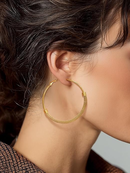 KeyStyle Mesh Hoop Earrings for Women, Stainless Steel Gold Hoops Earring Lightweight Loops, 2MM Thick Hypoallergenic Circle Endless Hollow Hoop 20mm-80mm