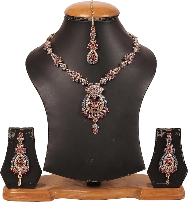Touchstone Indian jewelry sets for women maang tikka wedding guest gold necklace bollywood jewellery set pageant elegant prom bride accessories western crystal chunky rhinestone necklaces