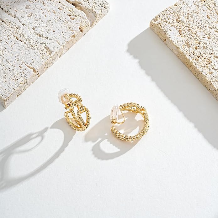 Gold and Silver Mixed Metal Clip-On Earrings Two Tone Clip-On Earrings Chunky Twist Open Hoops Earring Fashion Jewelry