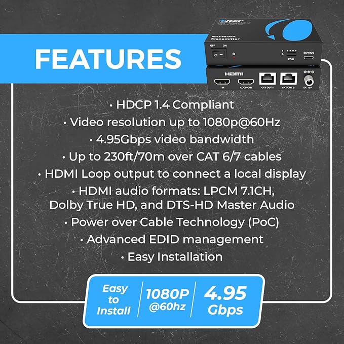 OREI 1X2 HDMI Extender Splitter Over Single CAT6/7 Cable Uncompressed 1080P with EDID - Up to 132 Ft - Loop Out - Low Latency - 1 Input 2 Output 2 Channel Transmission