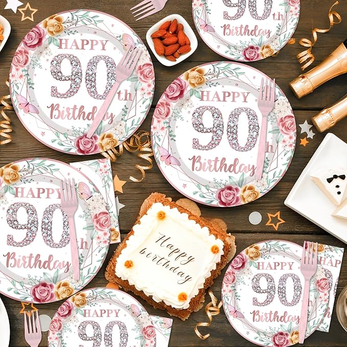 96Pcs 90th Birthday Party Decorations for Women Disposable Tableware Set -Rose Gold Floral Happy 90th Birthday Paper Plates Napkins Forks 90 Years Old Theme Party Supplies Serve 24 Guests