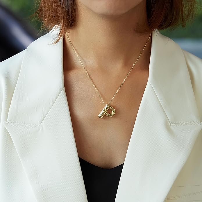 Inerney Valentines Day Gifts Gold Bubble Letter Necklace Initial Necklaces for Women, Chunky 14K Plated Balloon Initials, Trendy Charm Non Tarnish Custom Name Pendant Jewelry Gifts for Mom