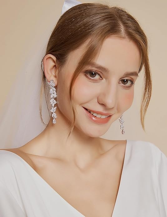 EAMTI Silver Dangle Earrings for Women Cubic Zirconia Marquise Bridal Wedding Earrings 925 Sterling Silver Post Engagement Earring