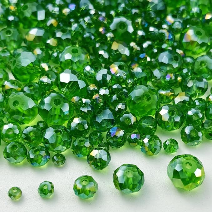 600pcs Crystal Glass Beads 3mm 4mm 6mm 8mm 10mm Rondelle Faceted Crystal Beads Spacer Beads for Necklace Bracelet Earrings DIY Jewelry Crafts Making Supplies(Green AB)