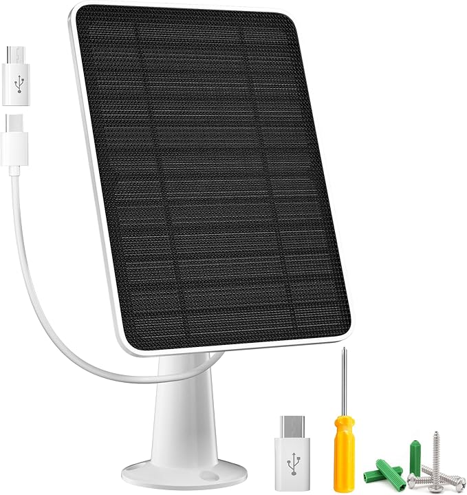 Solar Panel Charger Compatible with Arlo Essential 2K Outdoor(2nd Gen)/Essential XL Camera(2nd Gen)/Essential Spotlight, 5W Solar Panel with IP65 Waterproof 10ft Micro USB-C Cable & Wall Mount, 1 Pack