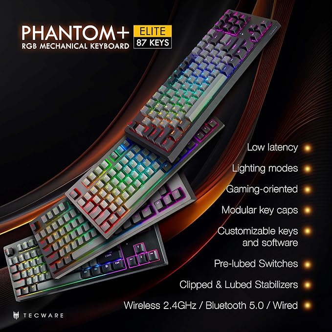 TECWARE Phantom+ Elite 87 Key RGB Mechanical Gaming Keyboard, LED Backlit, Universal Hot-Swap, Wired and Wireless, 3 Mode Connectivity, Thocky Sounding, Black Elite Wraith Red