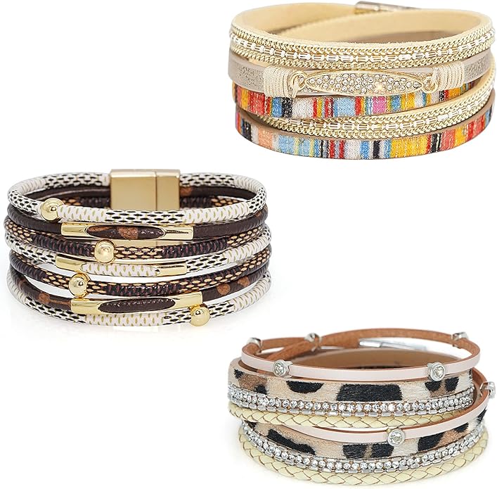 Wowanoo 3Pack Leather Cuff Bracelet Set Multilayer Wrap Bracelet Crystal Feather Tree Bracelet Magnetic Clasp Bracelet for Women