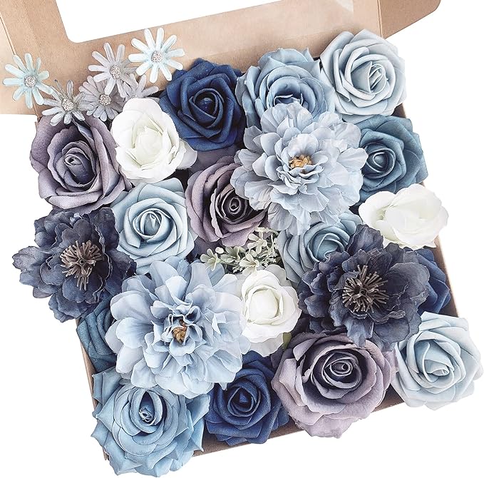 Roses Artificial Flowers Dusty Blue Silk Bulk for DIY Wedding Bouquets Bridal Baby Shower Decorations Fake Floral Arrangements for Party Table Centerpieces Home Decor Indoor Navy Royal Box Set