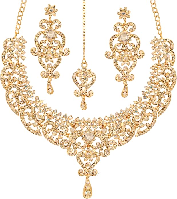 Touchstone Indian jewelry set for women bollywood gold jewellery wedding outfits necklace sets earrings bridal maang tikka fancy costume girls big desi accessories rhinestone in gold or silver tone