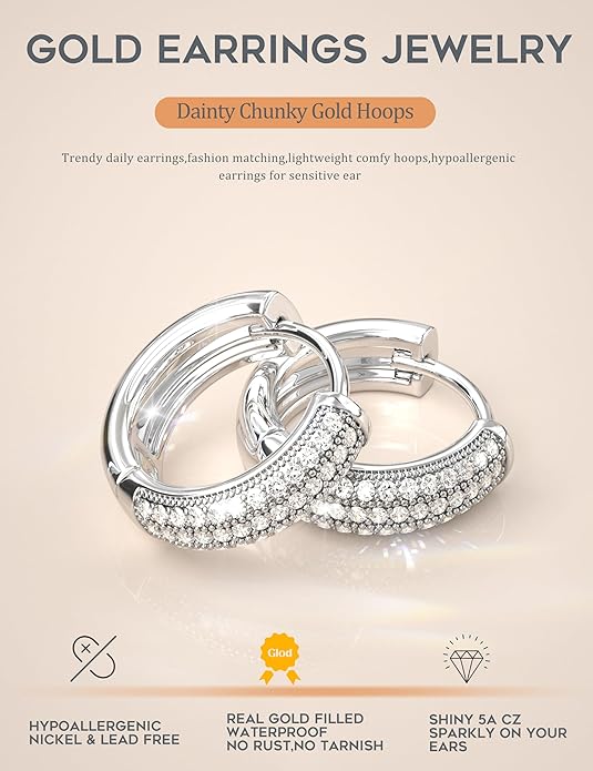 LOLIAS Small 14K Gold Plated Chunky Hoop Earrings for Women Hypoallergenic Silver Earrings Set for Sensitive Ears Non Tarnish Huggie Hoops Earring Stacks for Multiple Piercing Jewelry Lightweight 3Pairs