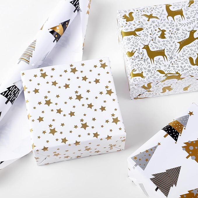 Miss DuiDui Christmas Gift Wrapping Paper, 3 Rolls, 17 inch x 9.8 feet, Gold Stars Animals Trees Xmas Design for Christmas, Party, Holiday, Kids Boys Girls, Baby Shower