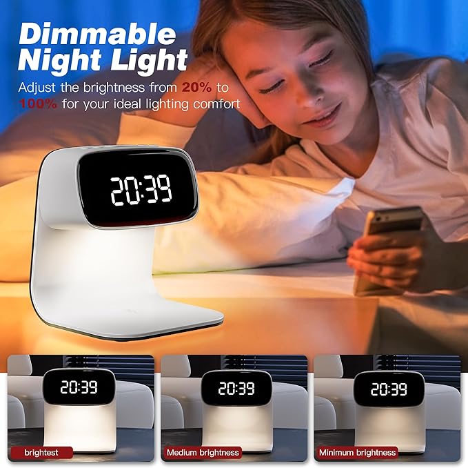 Digital Alarm Clock with Wireless Fast Charging Station 15W Touch Smart Lamp for Bedside,3 Colors Nightlight Adjustment Night Lamp for Living Room,Bedside,Heavy Sleepers (White-01-Adapter)