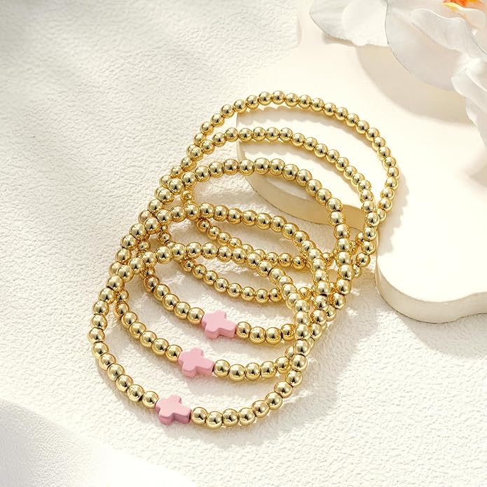 Gold Bead Bracelets for Women Girls - 14K Gold Plated Dainty Round Bead Ball Pearl Cross Bracelet Stack for Women Teenage Girls Stackable Jewelry Christmas Gifts