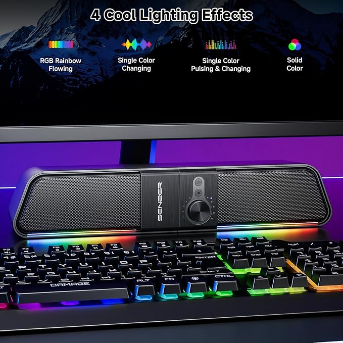 SENZER CS20 2 in 1 Bluetooth Computer Speakers for Desktop, USB Plug & Play Clear Sound PC Speakers with RGB Light, Monitor Sound Bar with Volume Knob, Gaming Speaker for PC Laptop Phone Tablet