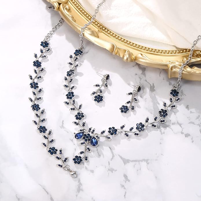 BriLove Women's Wedding Jewelry Leaf Cluster Flower Crystal Dangle Earrings Pendant Necklace Set for Bridal